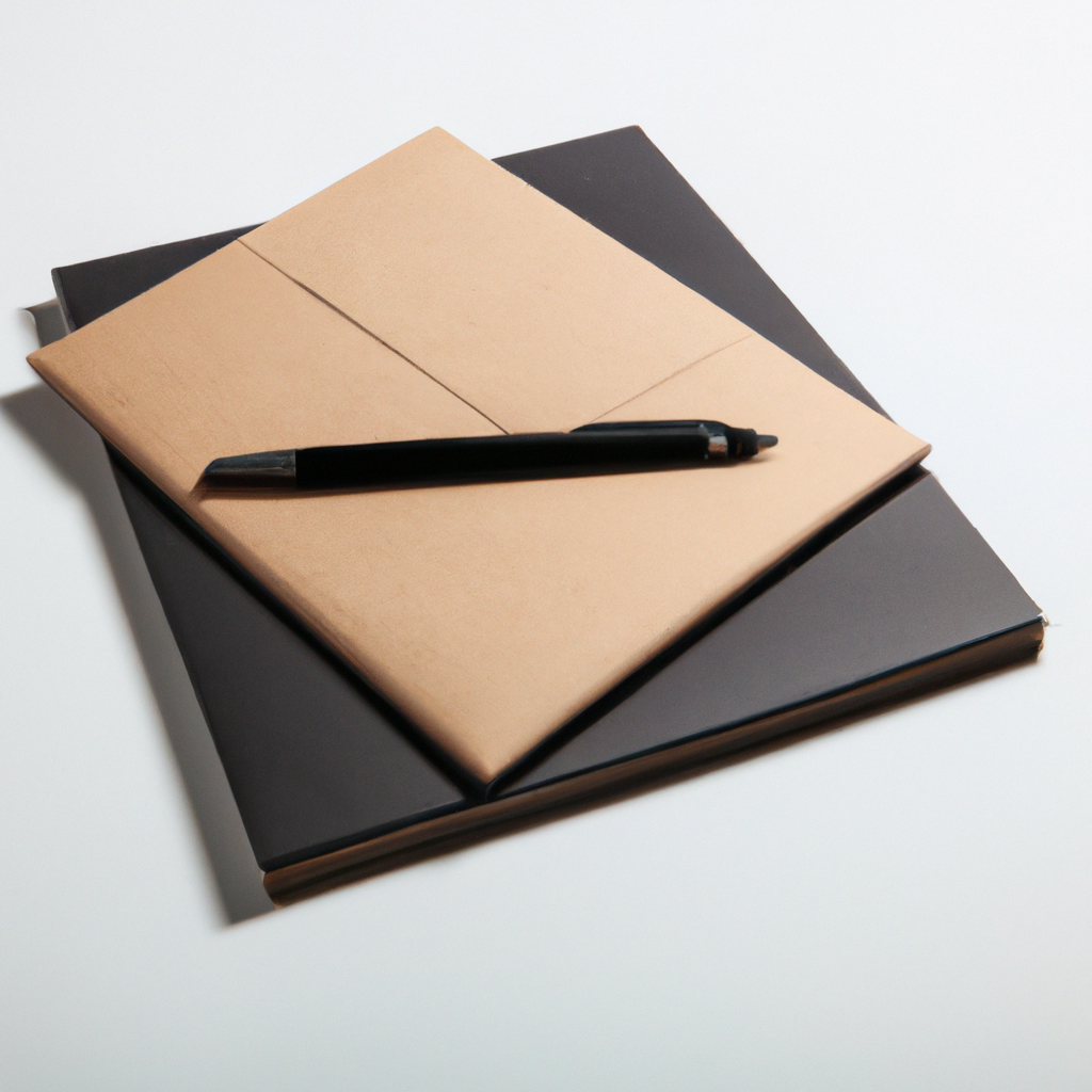 Minimal stationery: notebook, pen, and envelope on a clean white background
